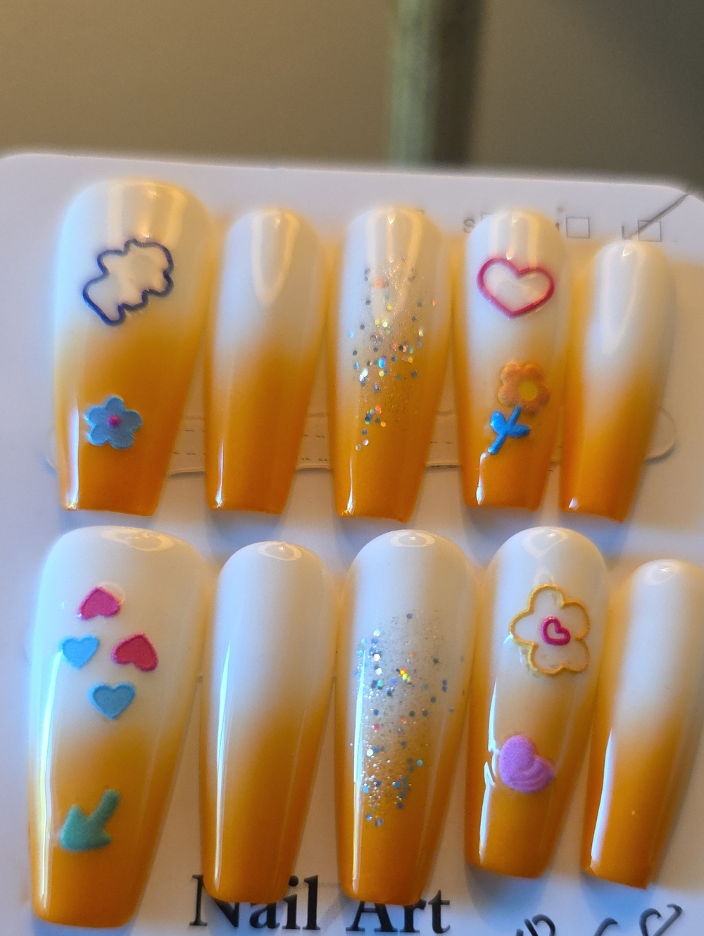 Orange Ombre Nail Art Set with Floral Accents Size Large